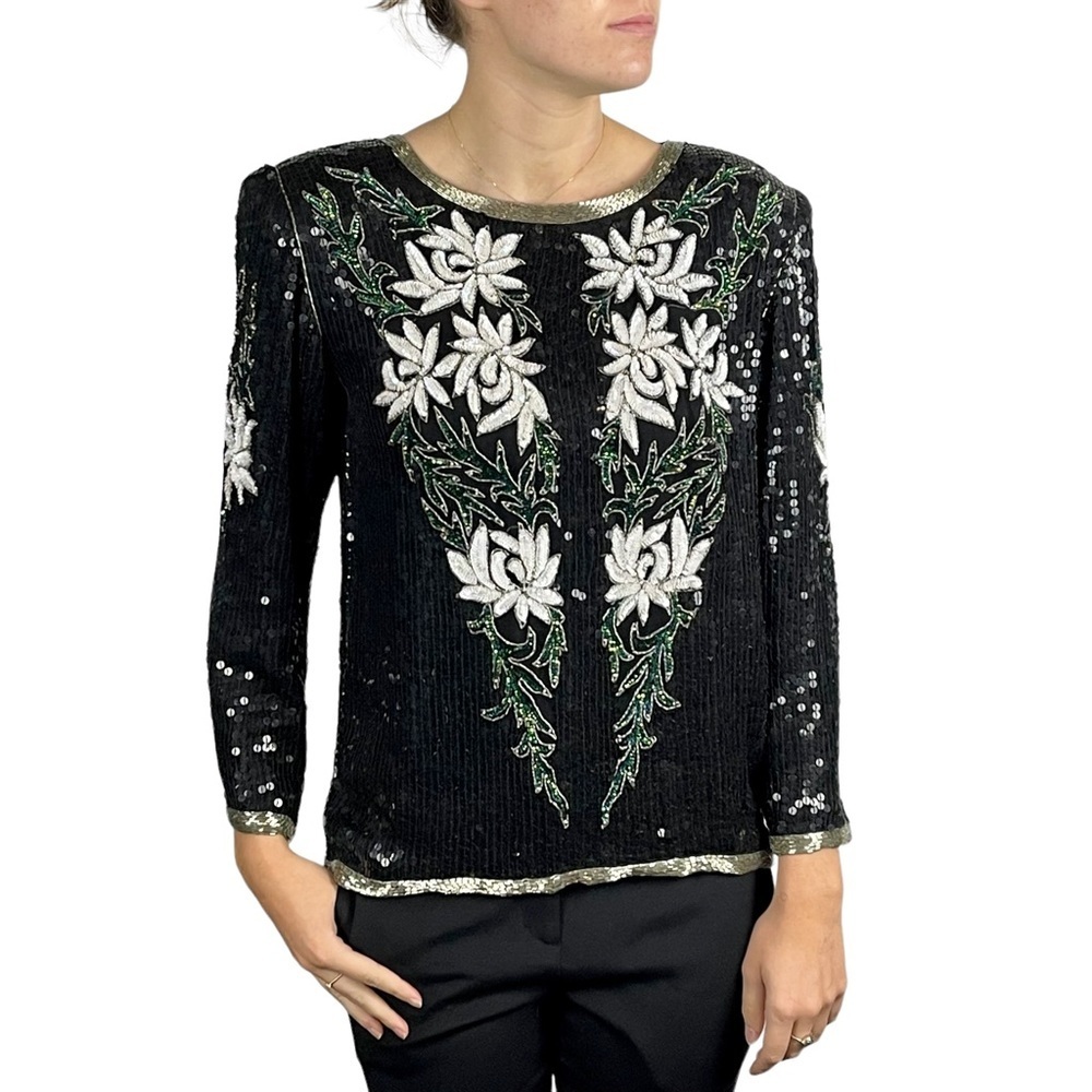 VINTAGE 80s SILK SEQUIN BEADED HOLIDAY EVENING BLOUSE TOP JEAN FOR JOSEPH LE BON